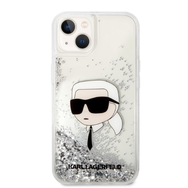 Pouzdro pro Apple iPhone 14 Plus, Karl Lagerfeld, Glitter Karl's Head, Stříbrné.
