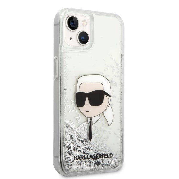 Pouzdro pro Apple iPhone 14 Plus, Karl Lagerfeld, Glitter Karl's Head, Stříbrné.