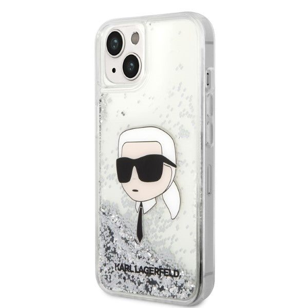 Pouzdro pro Apple iPhone 14 Plus, Karl Lagerfeld, Glitter Karl's Head, Stříbrné.