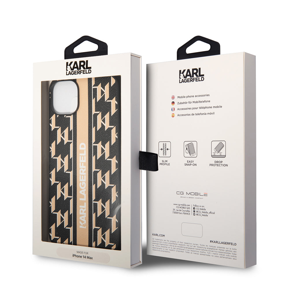 Pouzdro pro Apple iPhone 14 Plus, Karl Lagerfeld, Monogram Stripe, Hnědá