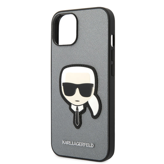 Pouzdro pro Apple iPhone 14 Plus, Karl Lagerfeld, Saffiano Karl's Head, Stříbrné