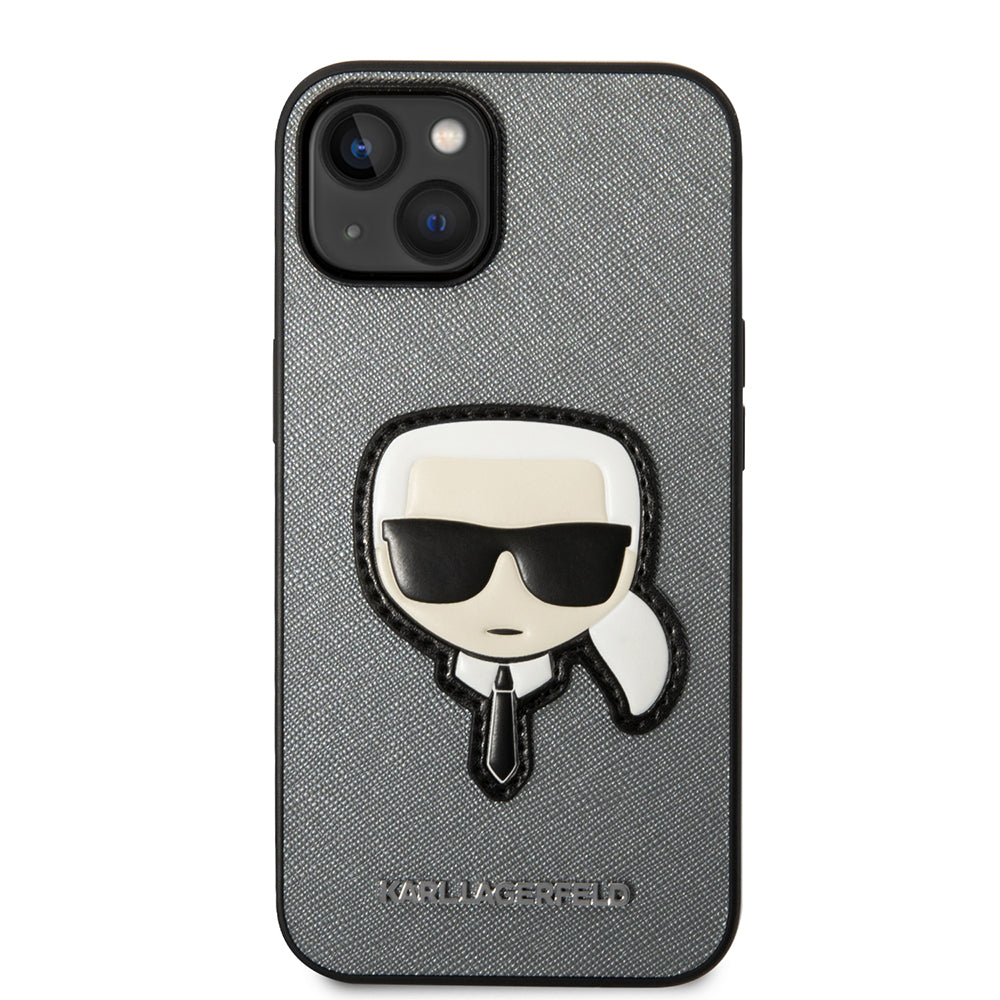 Pouzdro pro Apple iPhone 14 Plus, Karl Lagerfeld, Saffiano Karl's Head, Stříbrné