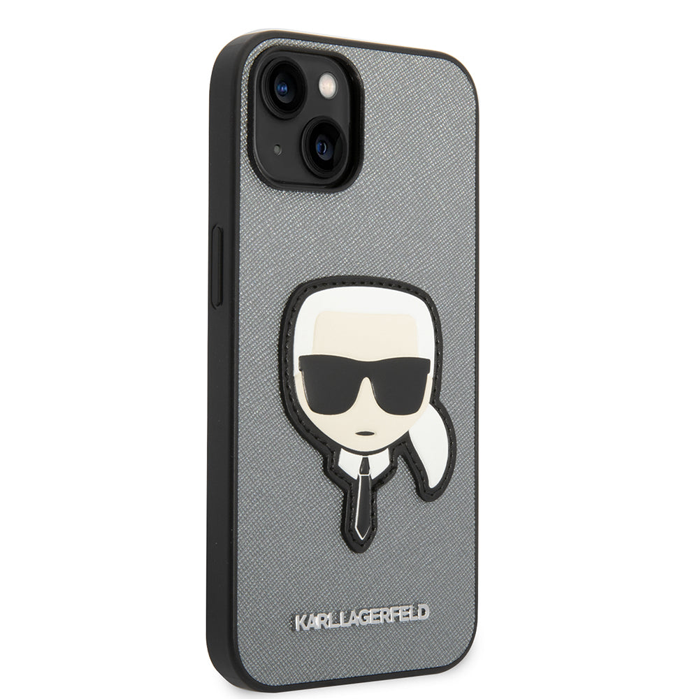 Pouzdro pro Apple iPhone 14 Plus, Karl Lagerfeld, Saffiano Karl's Head, Stříbrné