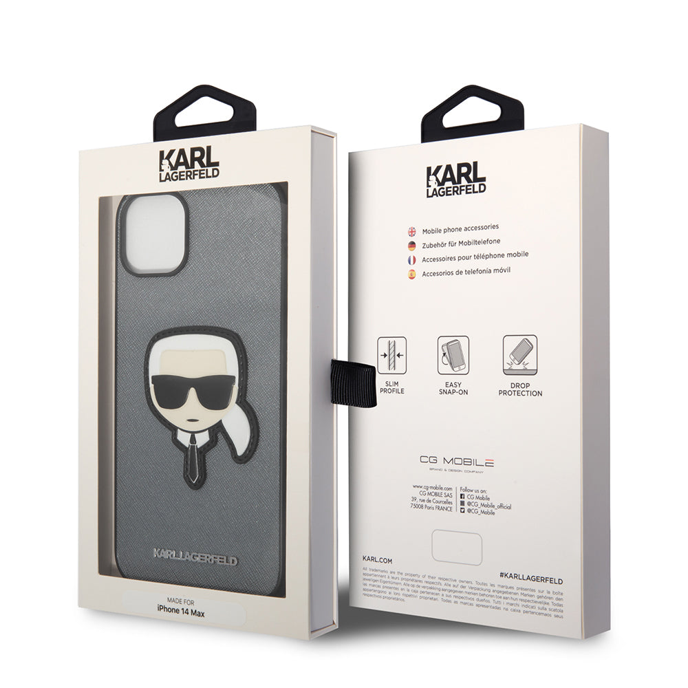 Pouzdro pro Apple iPhone 14 Plus, Karl Lagerfeld, Saffiano Karl's Head, Stříbrné