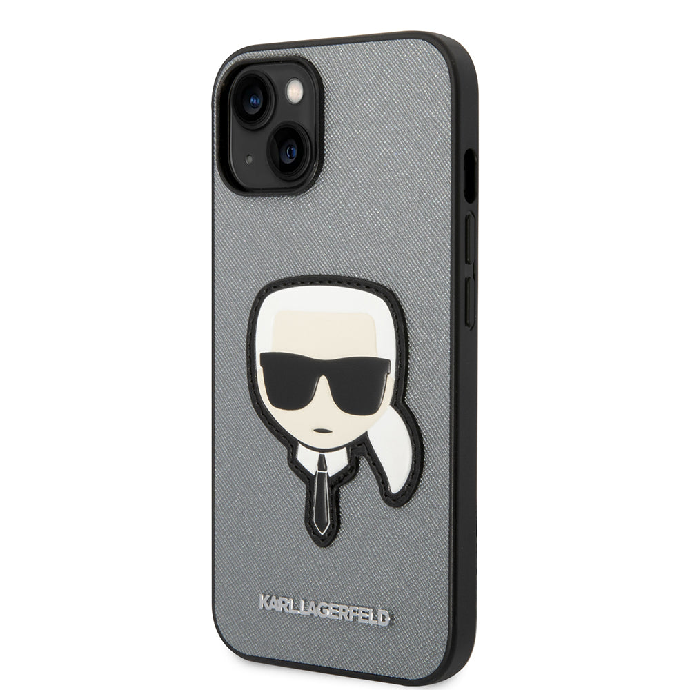 Pouzdro pro Apple iPhone 14 Plus, Karl Lagerfeld, Saffiano Karl's Head, Stříbrné