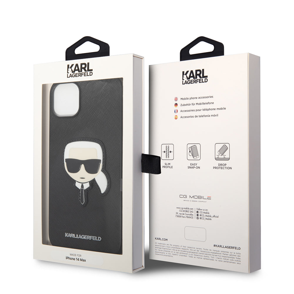 Pouzdro pro Apple iPhone 14 Plus, Karl Lagerfeld, Saffiano Karl's Head, Černá