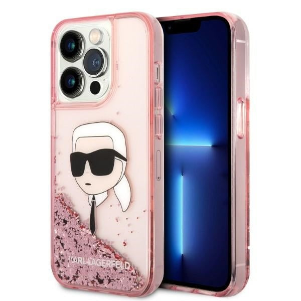 Pouzdro pro Apple iPhone 14 Pro, Karl Lagerfeld, Glitter Karl's Head, Růžové