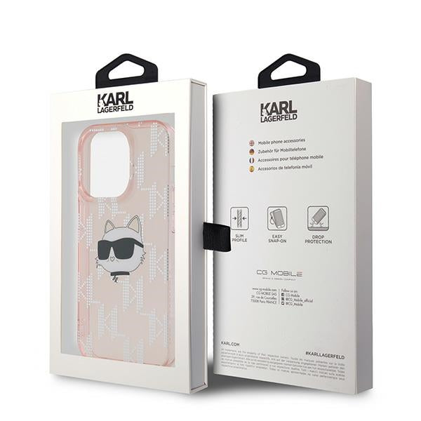 Pouzdro pro Apple iPhone 14 Pro, Karl Lagerfeld, IML Luxury Monogram Choupette's Head, Růžové