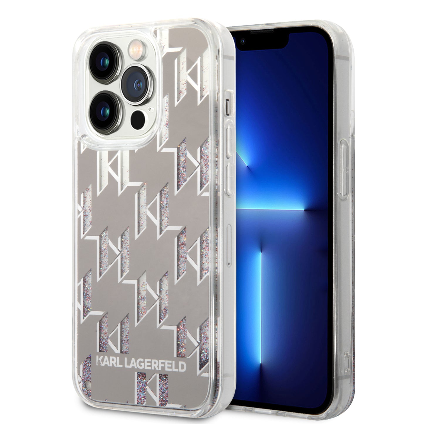 Pouzdro pro Apple iPhone 14 Pro, Karl Lagerfeld, Liquid Glitter Monogram, Stříbrné
