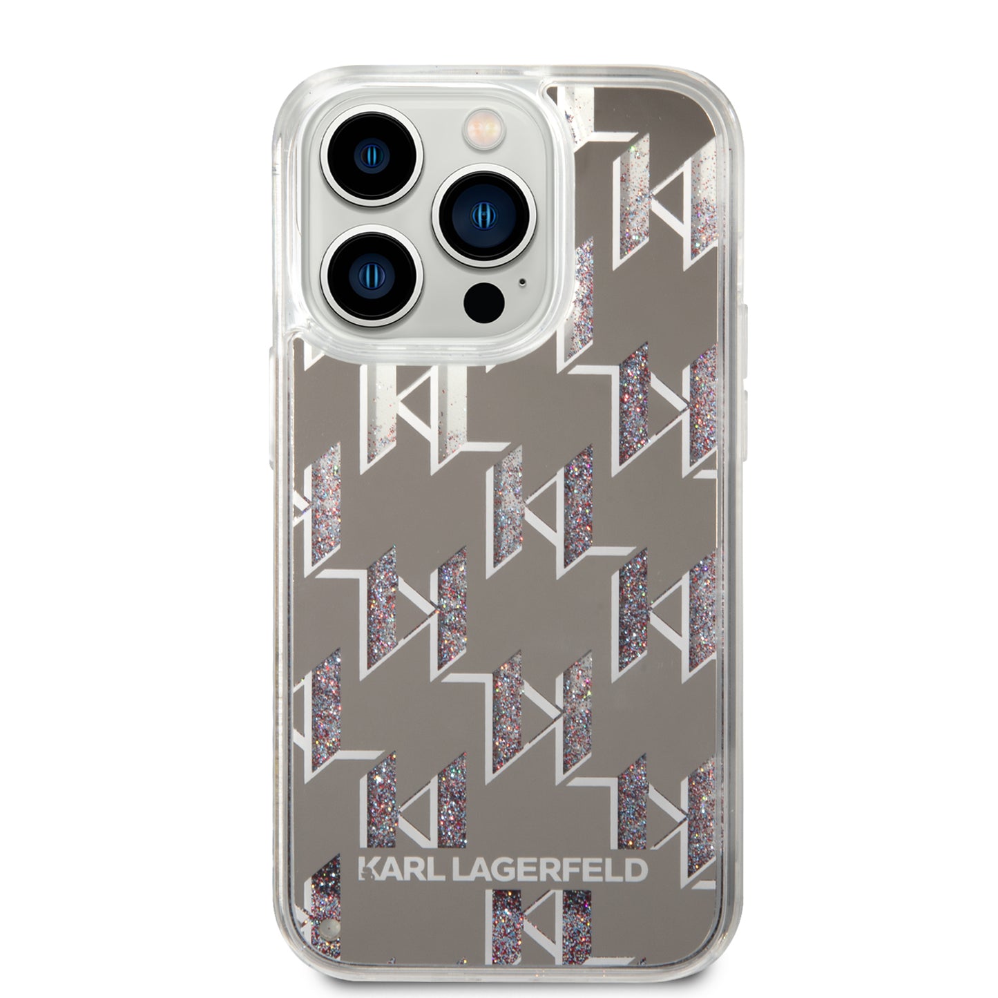 Pouzdro pro Apple iPhone 14 Pro, Karl Lagerfeld, Liquid Glitter Monogram, Stříbrné