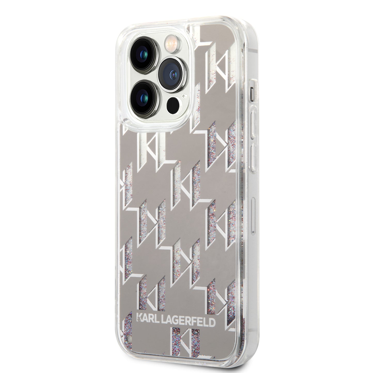 Pouzdro pro Apple iPhone 14 Pro, Karl Lagerfeld, Liquid Glitter Monogram, Stříbrné