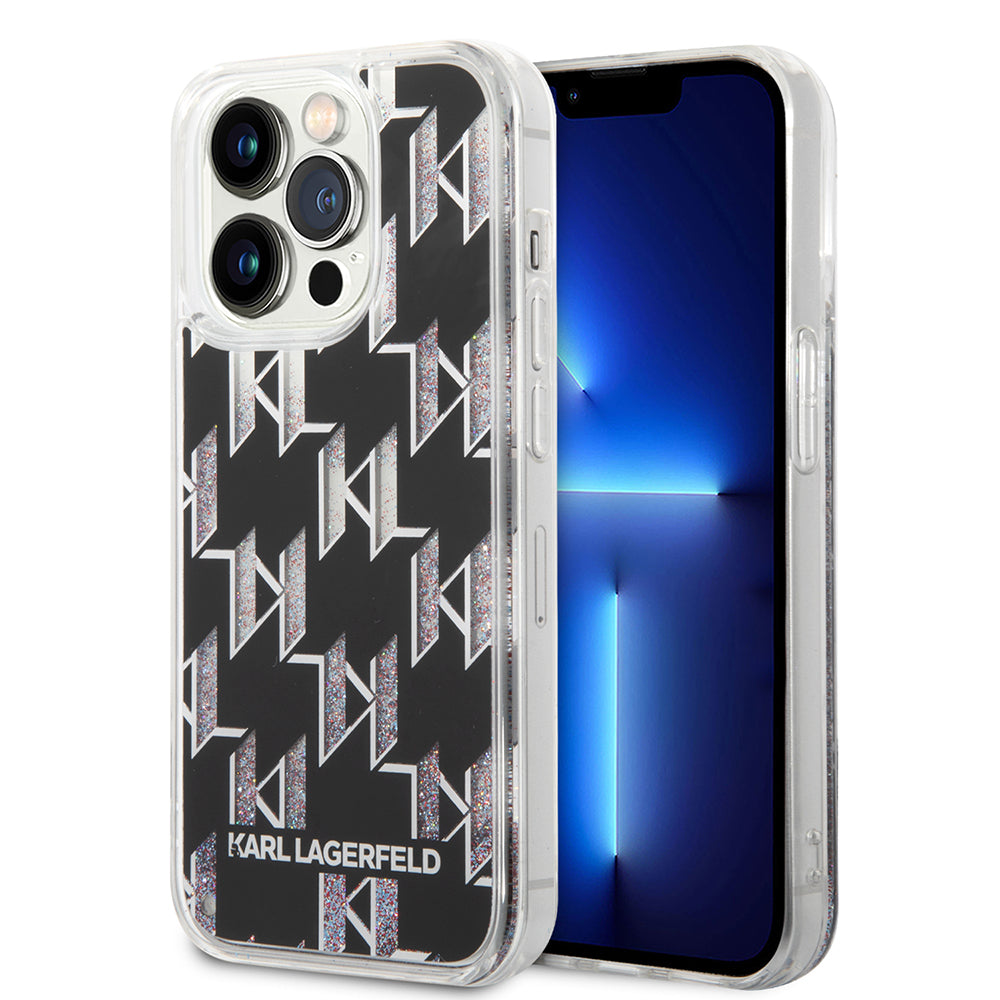 Pouzdro pro Apple iPhone 14 Pro, Karl Lagerfeld, Liquid Glitter Monogram, Černá