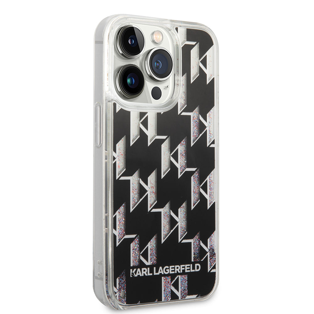 Pouzdro pro Apple iPhone 14 Pro, Karl Lagerfeld, Liquid Glitter Monogram, Černá