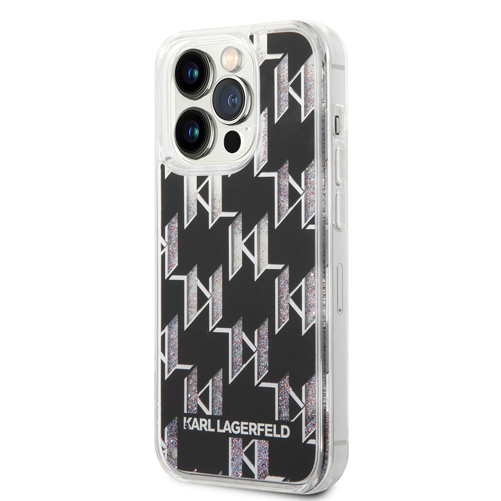 Pouzdro pro Apple iPhone 14 Pro, Karl Lagerfeld, Liquid Glitter Monogram, Černá