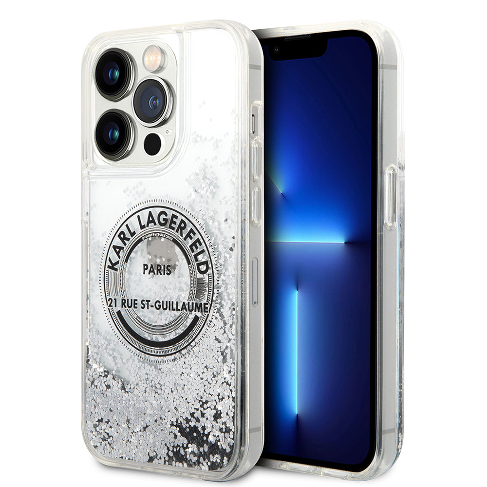 Pouzdro pro Apple iPhone 14 Pro, Karl Lagerfeld, Liquid Glitter RSG, Stříbrné.