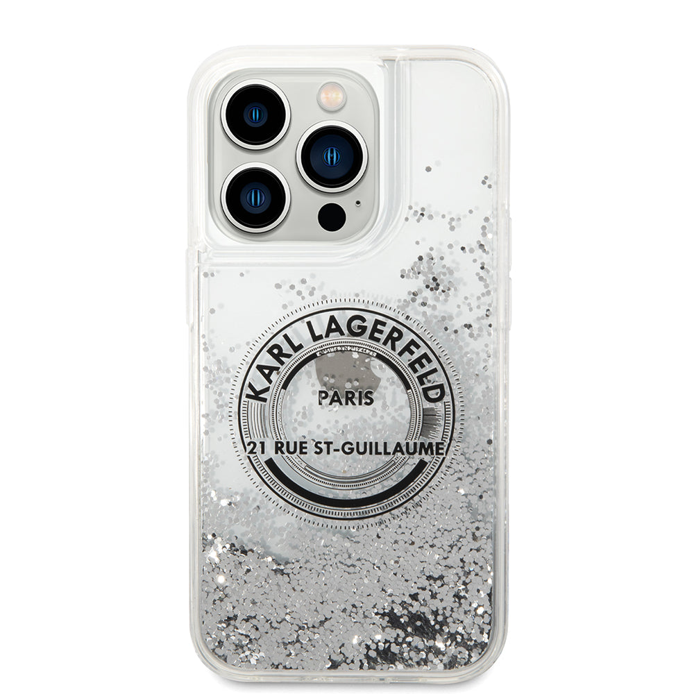 Pouzdro pro Apple iPhone 14 Pro, Karl Lagerfeld, Liquid Glitter RSG, Stříbrné.