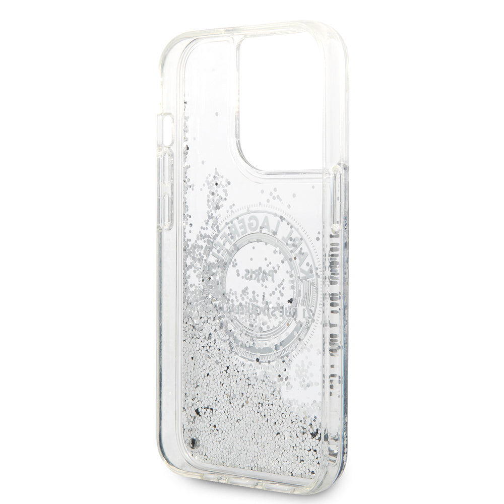 Pouzdro pro Apple iPhone 14 Pro, Karl Lagerfeld, Liquid Glitter RSG, Stříbrné.