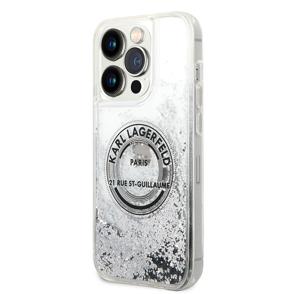 Pouzdro pro Apple iPhone 14 Pro, Karl Lagerfeld, Liquid Glitter RSG, Stříbrné.