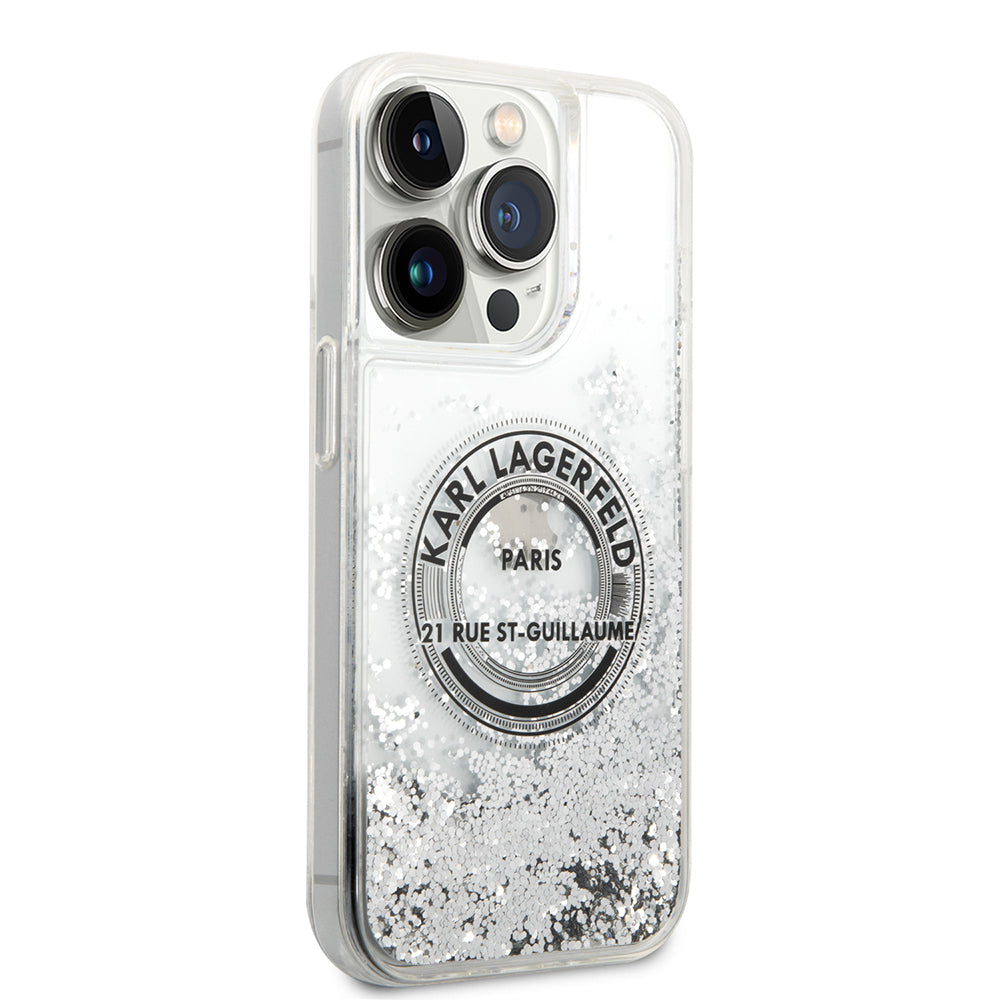 Pouzdro pro Apple iPhone 14 Pro, Karl Lagerfeld, Liquid Glitter RSG, Stříbrné.