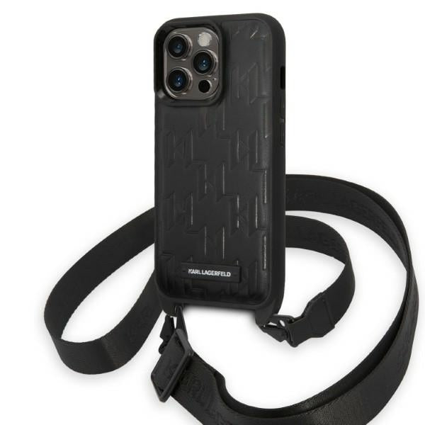 Pouzdro pro Apple iPhone 14 Pro, Karl Lagerfeld, Monogram Plaque Logo with Strap, Černá