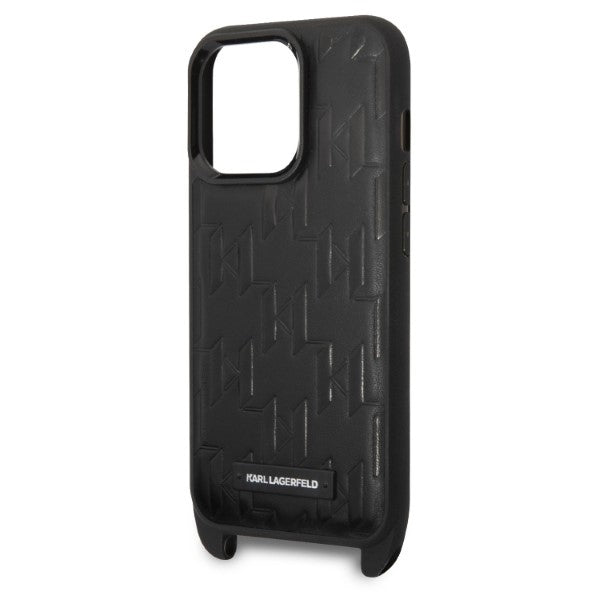 Pouzdro pro Apple iPhone 14 Pro, Karl Lagerfeld, Monogram Plaque Logo with Strap, Černá