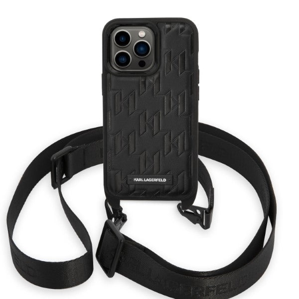 Pouzdro pro Apple iPhone 14 Pro, Karl Lagerfeld, Monogram Plaque Logo with Strap, Černá