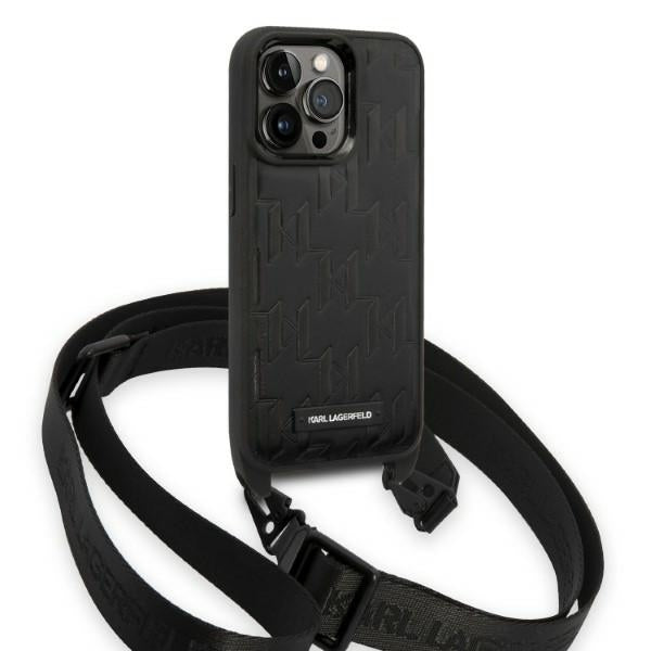Pouzdro pro Apple iPhone 14 Pro, Karl Lagerfeld, Monogram Plaque Logo with Strap, Černá