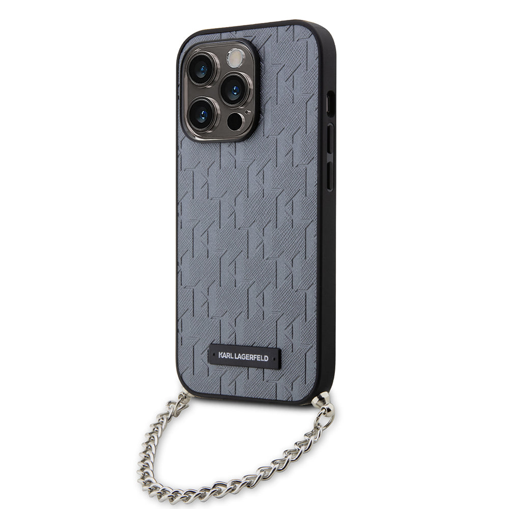 Pouzdro pro Apple iPhone 14 Pro, Karl Lagerfeld, Saffiano Monogram Chain, Stříbrné