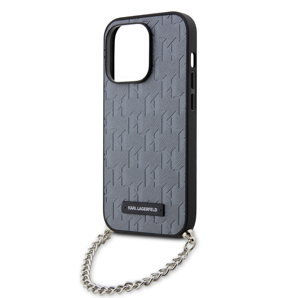 Pouzdro pro Apple iPhone 14 Pro, Karl Lagerfeld, Saffiano Monogram Chain, Stříbrné