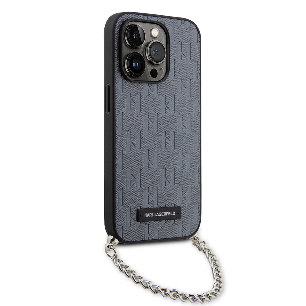 Pouzdro pro Apple iPhone 14 Pro, Karl Lagerfeld, Saffiano Monogram Chain, Stříbrné