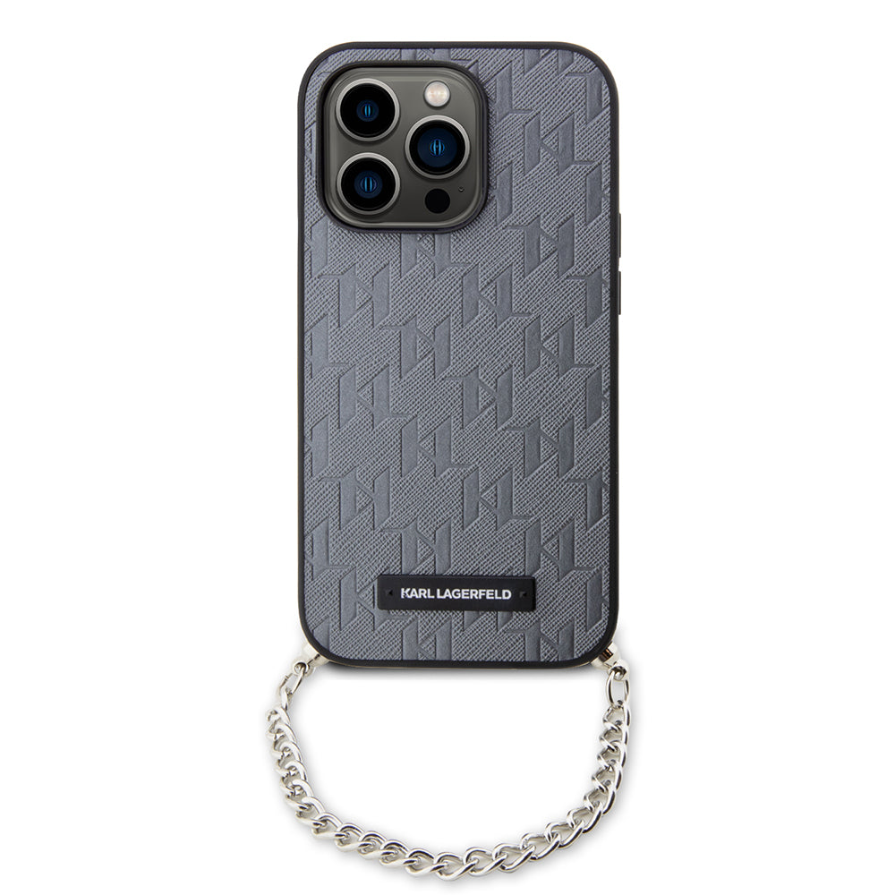 Pouzdro pro Apple iPhone 14 Pro, Karl Lagerfeld, Saffiano Monogram Chain, Stříbrné