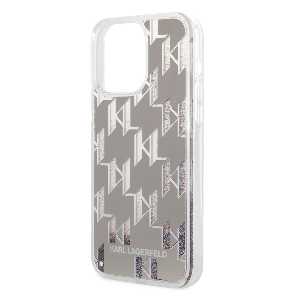 Pouzdro pro Apple iPhone 14 Pro Max, Karl Lagerfeld, Liquid Glitter Monogram, Stříbrné.