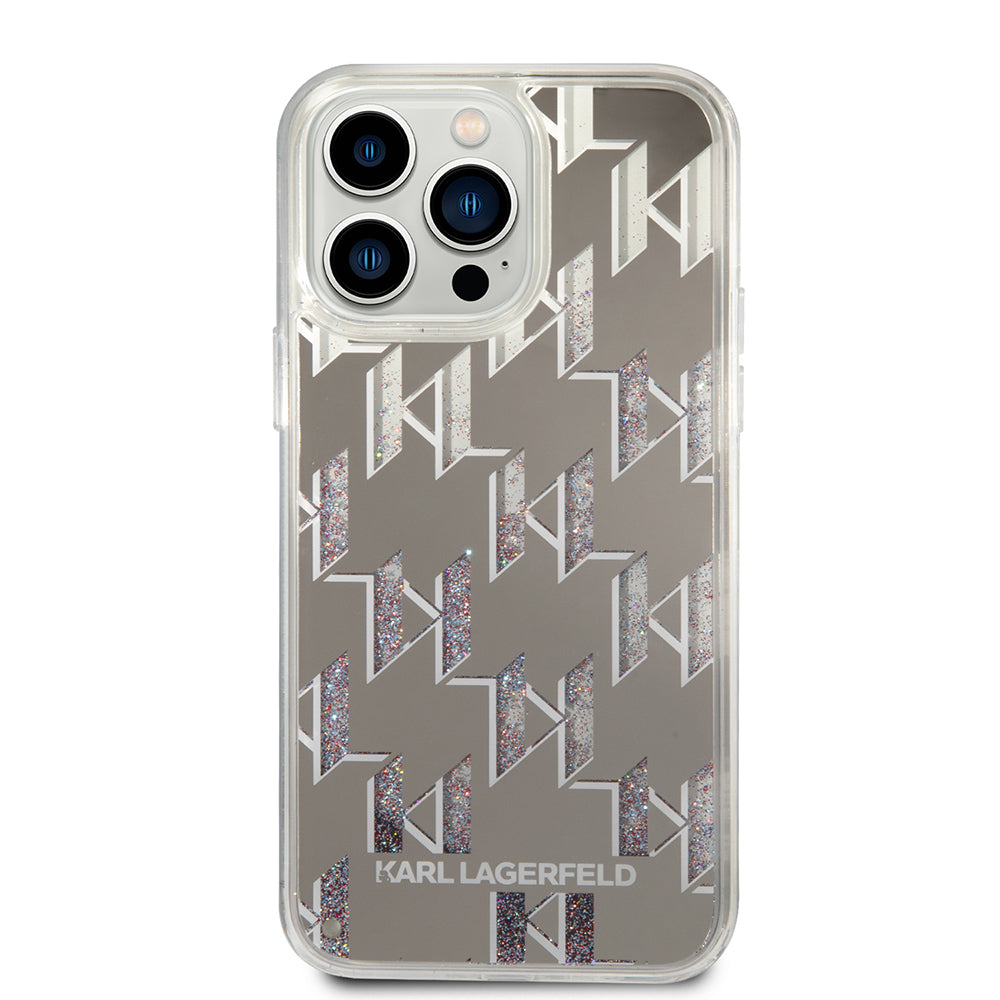 Pouzdro pro Apple iPhone 14 Pro Max, Karl Lagerfeld, Liquid Glitter Monogram, Stříbrné.