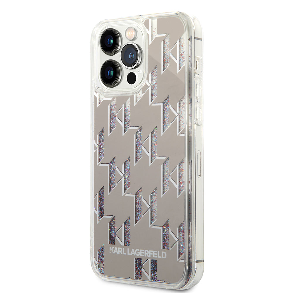 Pouzdro pro Apple iPhone 14 Pro Max, Karl Lagerfeld, Liquid Glitter Monogram, Stříbrné.