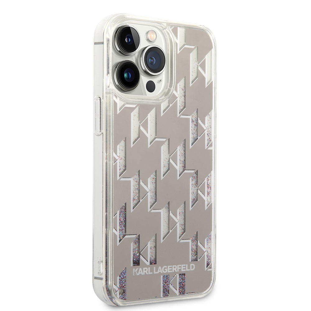 Pouzdro pro Apple iPhone 14 Pro Max, Karl Lagerfeld, Liquid Glitter Monogram, Stříbrné.
