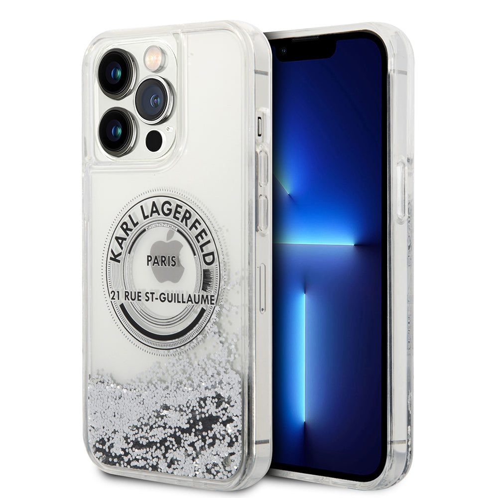 Pouzdro pro Apple iPhone 14 Pro Max, Karl Lagerfeld, Liquid Glitter RSG, Stříbrné