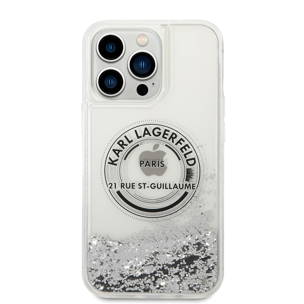 Pouzdro pro Apple iPhone 14 Pro Max, Karl Lagerfeld, Liquid Glitter RSG, Stříbrné