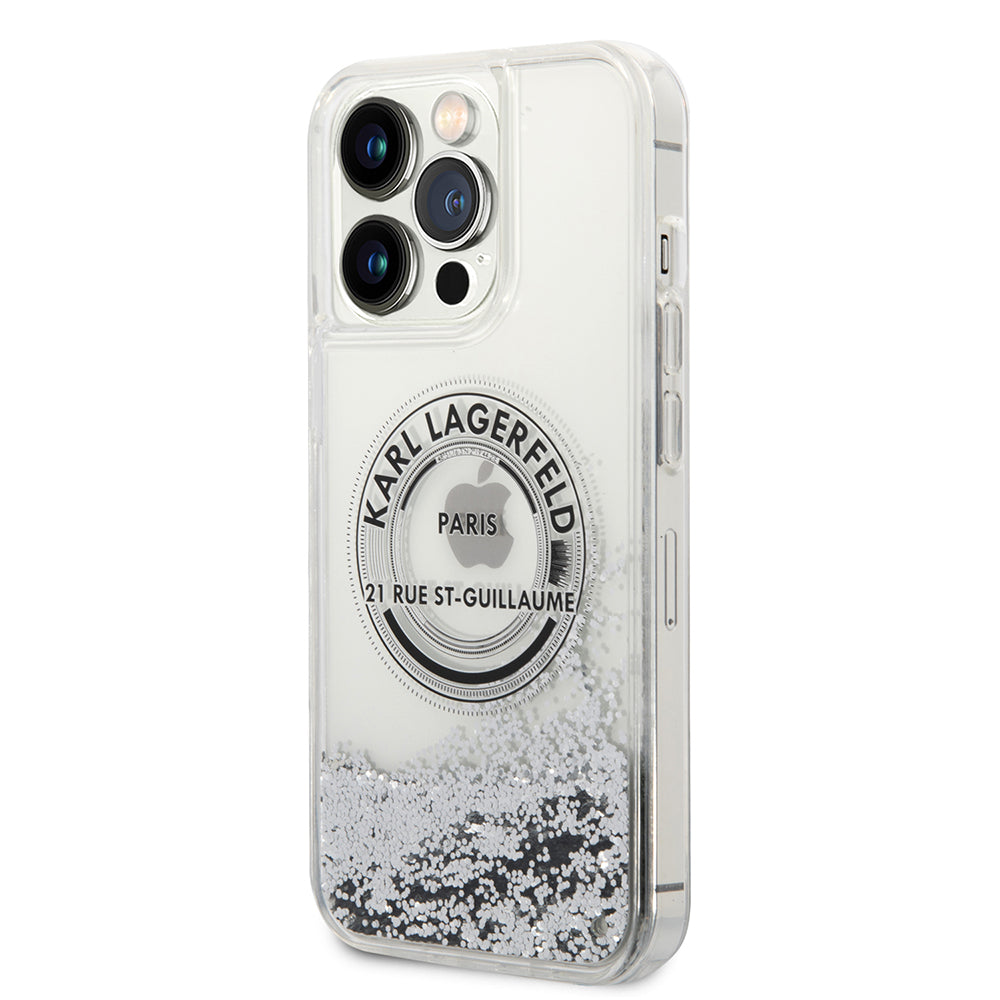 Pouzdro pro Apple iPhone 14 Pro Max, Karl Lagerfeld, Liquid Glitter RSG, Stříbrné