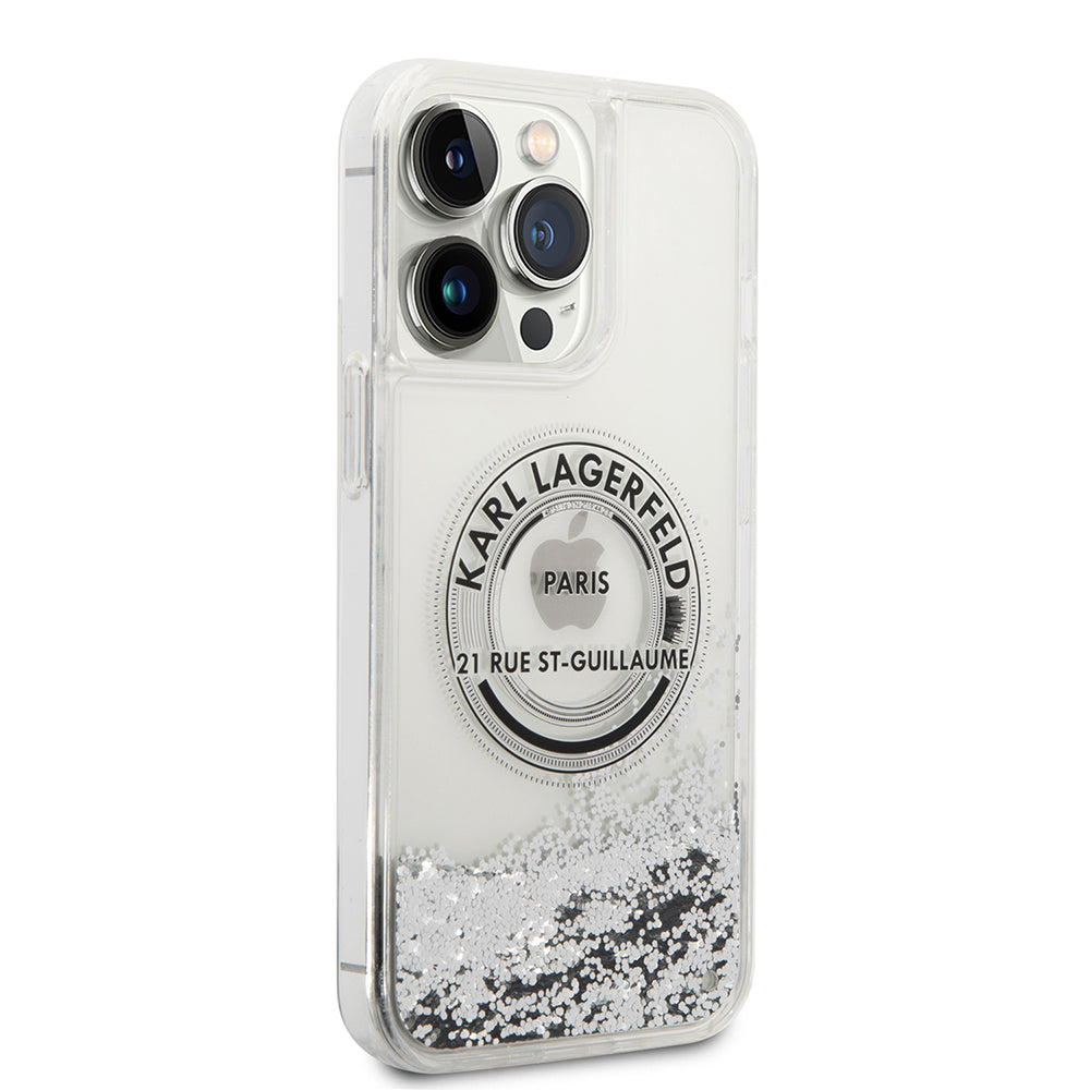 Pouzdro pro Apple iPhone 14 Pro Max, Karl Lagerfeld, Liquid Glitter RSG, Stříbrné