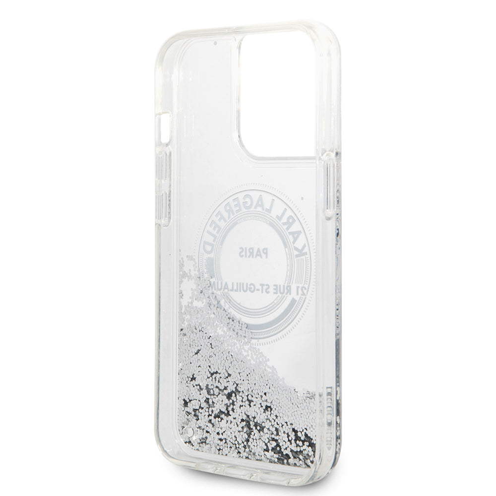 Pouzdro pro Apple iPhone 14 Pro Max, Karl Lagerfeld, Liquid Glitter RSG, Stříbrné