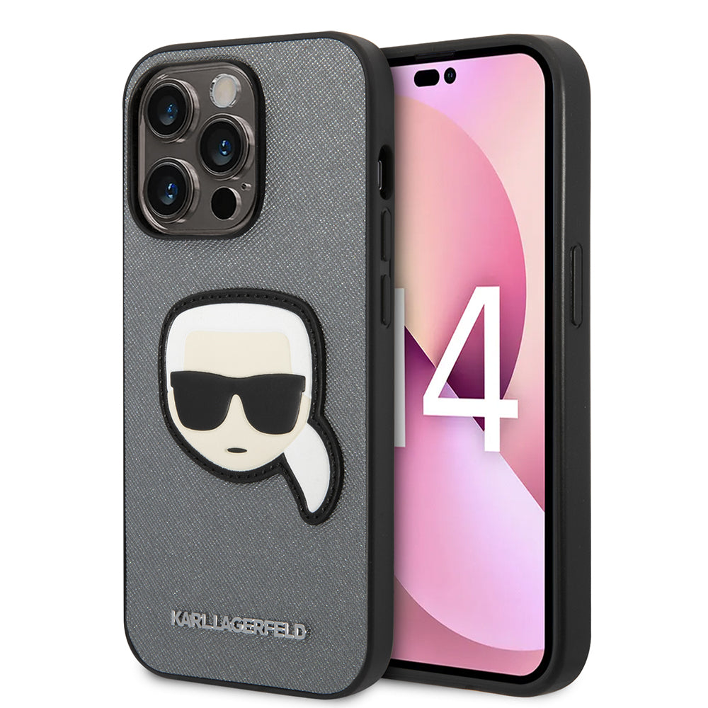 Pouzdro pro Apple iPhone 14 Pro Max, Karl Lagerfeld, Saffiano Karl's Head, Stříbrné