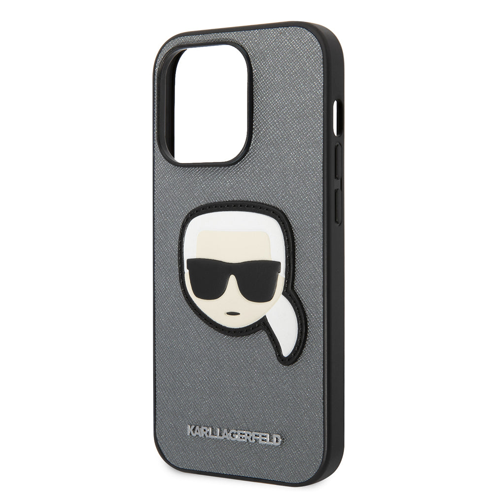 Pouzdro pro Apple iPhone 14 Pro Max, Karl Lagerfeld, Saffiano Karl's Head, Stříbrné
