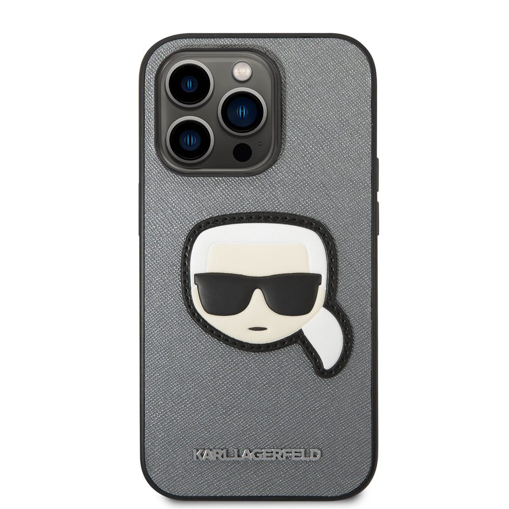 Pouzdro pro Apple iPhone 14 Pro Max, Karl Lagerfeld, Saffiano Karl's Head, Stříbrné