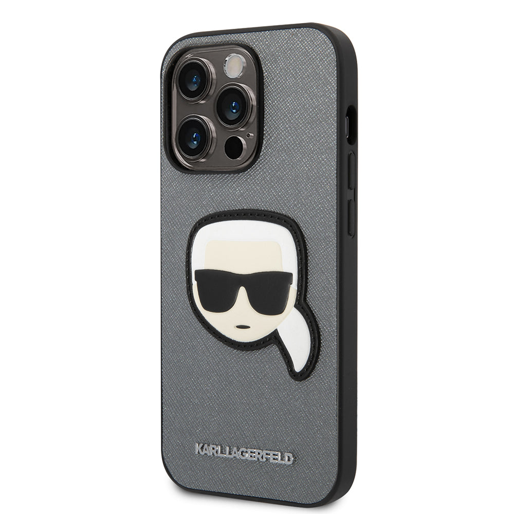 Pouzdro pro Apple iPhone 14 Pro Max, Karl Lagerfeld, Saffiano Karl's Head, Stříbrné