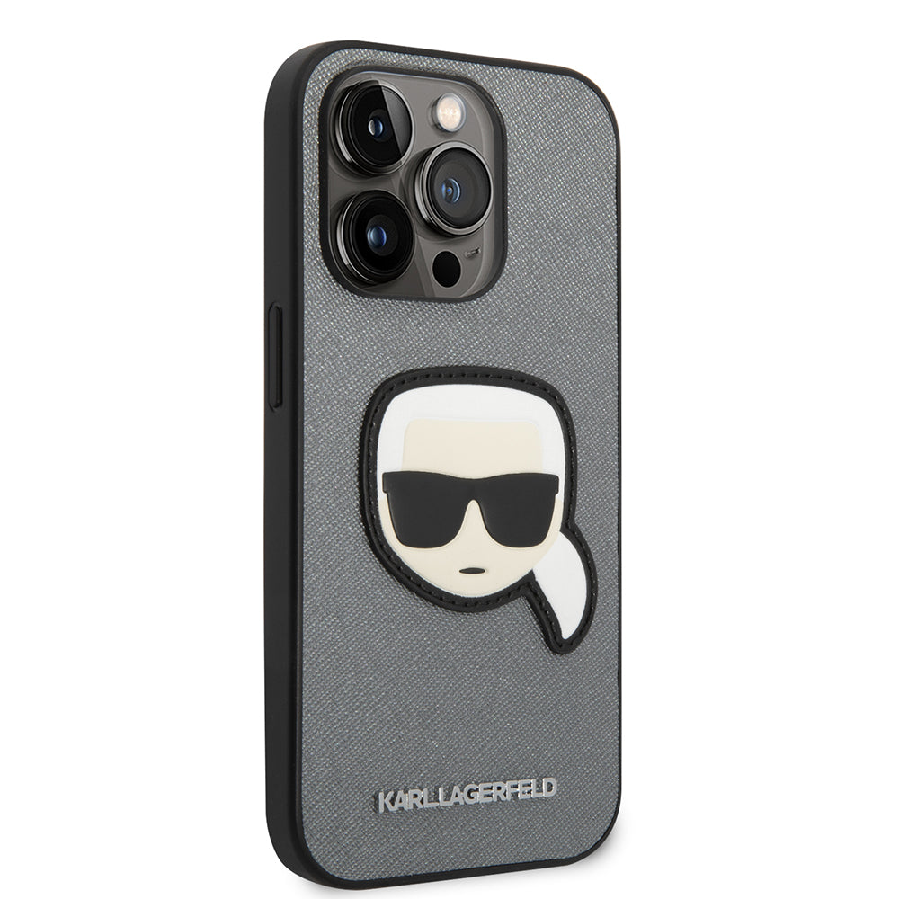 Pouzdro pro Apple iPhone 14 Pro Max, Karl Lagerfeld, Saffiano Karl's Head, Stříbrné