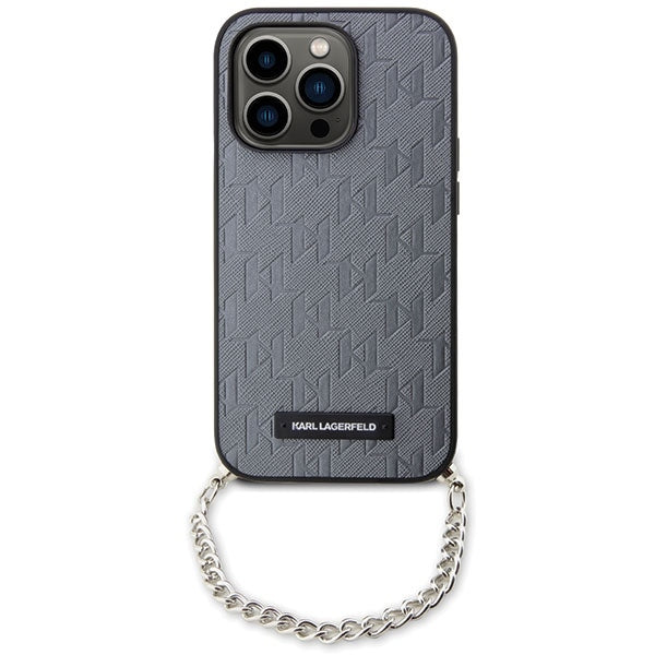 Pouzdro pro Apple iPhone 14 Pro Max, Karl Lagerfeld, Saffiano Monogram Chain, Stříbrné