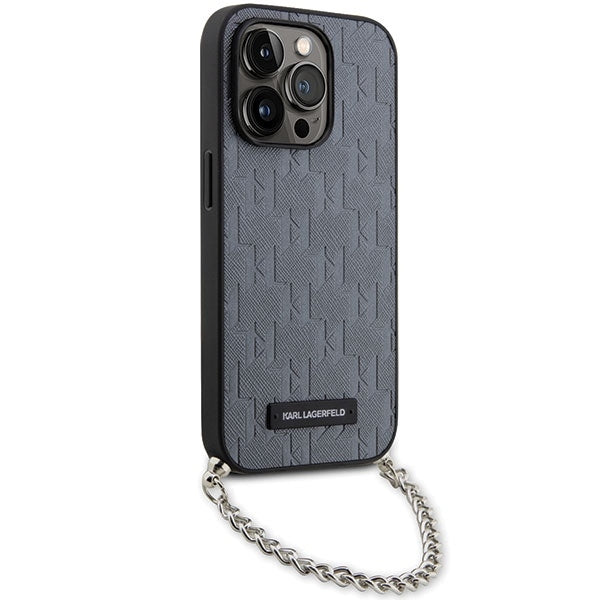 Pouzdro pro Apple iPhone 14 Pro Max, Karl Lagerfeld, Saffiano Monogram Chain, Stříbrné