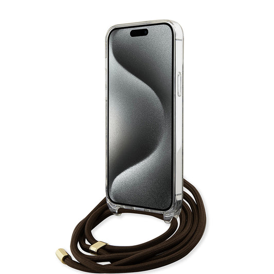 Pouzdro pro Apple iPhone 15, Guess, 4G IML Printed Crossbody, hnědé