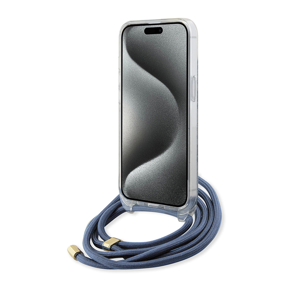 Pouzdro pro Apple iPhone 15, Guess, Crossbody Cord 4G Print, Modrá