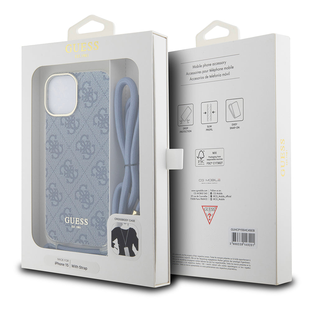 Pouzdro pro Apple iPhone 15, Guess, Crossbody Cord 4G Print, Modrá